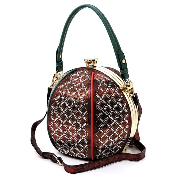 Rhinestone Frame Round Satchel Handbag - Picture 5 of 7